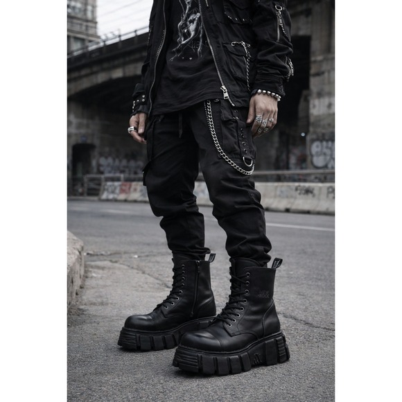 NEW ROCK Mens Black Leather Platform Combat Boots Size 45 Made in Spain - Picture 4 of 10